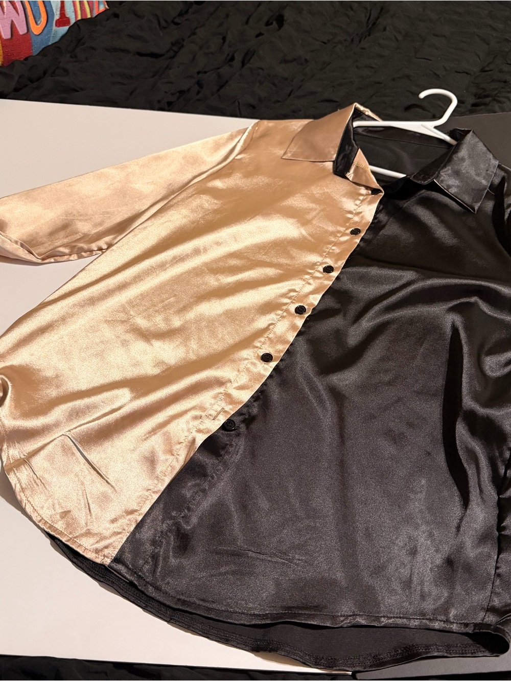 Two-Tone Satin Button-Up Shirt Jacket - Black & Gold